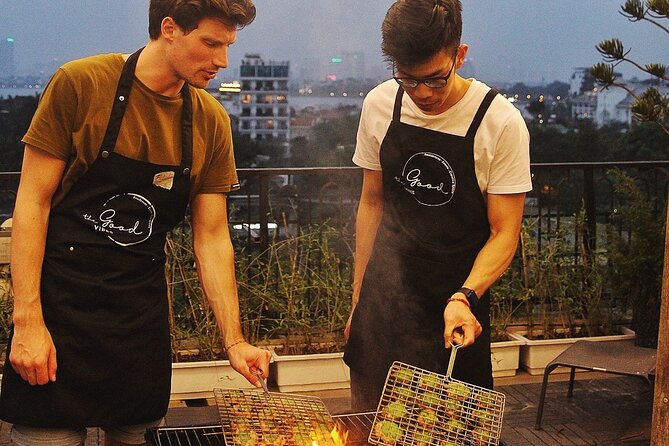 Authentic Bun Cha Hanoi making - with skyline view of Westlake - Market shopping: the first lesson is how Hanoians buy flavor