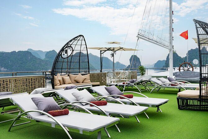 Full day Halong Bay Luxury Cruise - buffet lunch, kayak, swim. - Onboard luxury: windows, jacuzzi time, and sunset party snacks