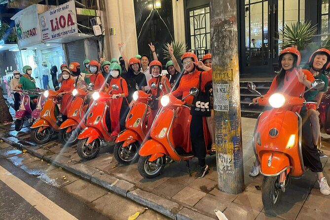 Vespa Female Ao Dai riders Night Street Food + See Train Street - Stop 1: Old Quarter start and the first taste rhythm